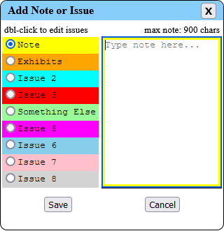 Add Note or Issue Panel