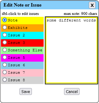 Edit Note or Issue Panel